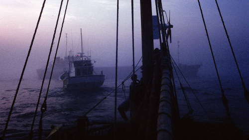Approaching Shiomad in fog busy shippng