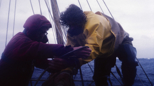 Trondur and Rex lash down sail in gale force winds