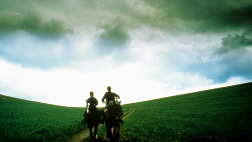 Tim Severin and companion Sarah Dorman ride through windswept Germany