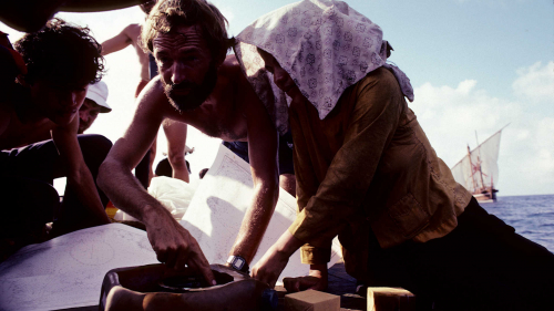 Tim Severin directing boat people